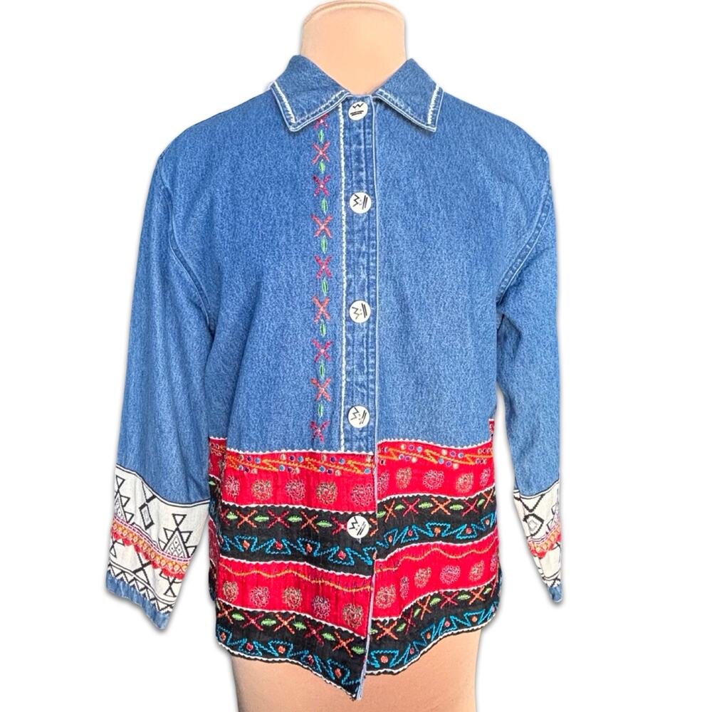 Vintage Oversized Embroidered Denim Jacket Boho Cowgirl Southwestern Festival